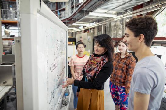 adult female teacher with group of high school students