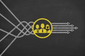 A graphic of a chalkboard with strings tangled on the left side, then they pass through an icon of 3 people, then on the right side, they come out untangled and pointed in the same direction