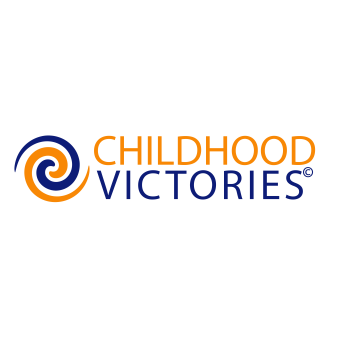 Childhood Victories Inc logo with a orange and yellow swirl to the left of the text
