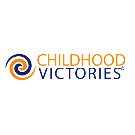 Childhood Victories Inc logo with a orange and yellow swirl to the left of the text