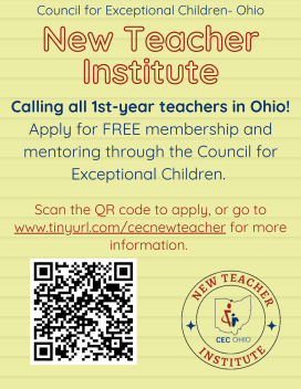 Digital flyer for New Teacher Institute with QR code to scan to apply or go to www.tinyurl.com/cecnewteacher