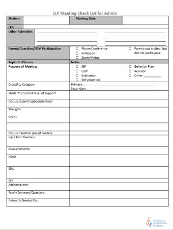 IEP Meeting Checklist for Administrators