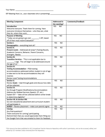 Mock IEP Peer Feedback Form